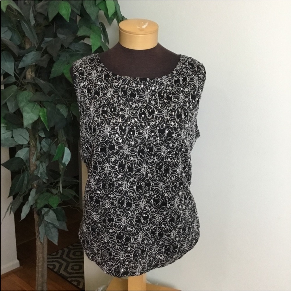 Dress Barn black & white floral tank with mesh & silver detail Woman L